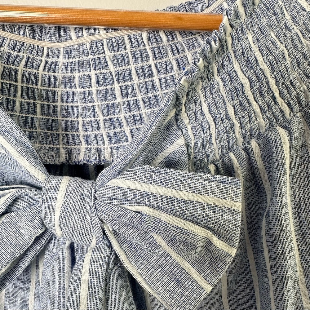 She and Sky Bow Front Detail Puff Sleeve Stripe Off the Shoulder Shirt - Picture 11 of 11